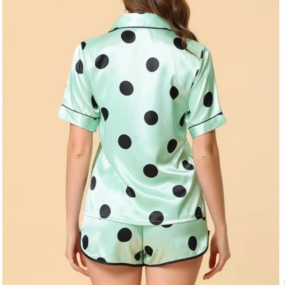 Cheibear Polka Dot Satin Pajama Set - Mint Green and Black